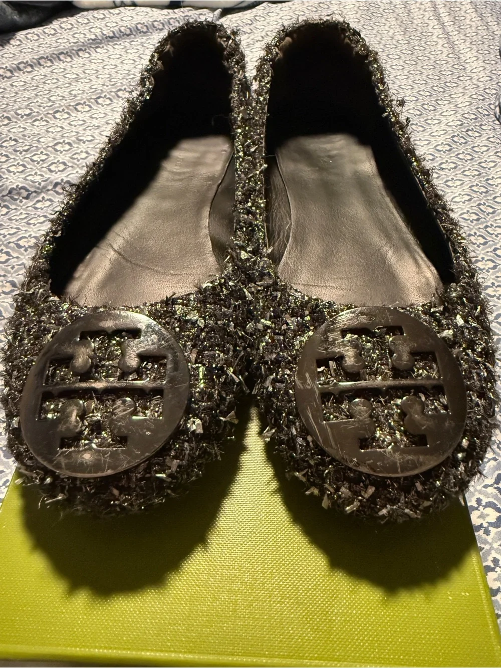 Tory Burch Black Textured Logo Ballet Flats